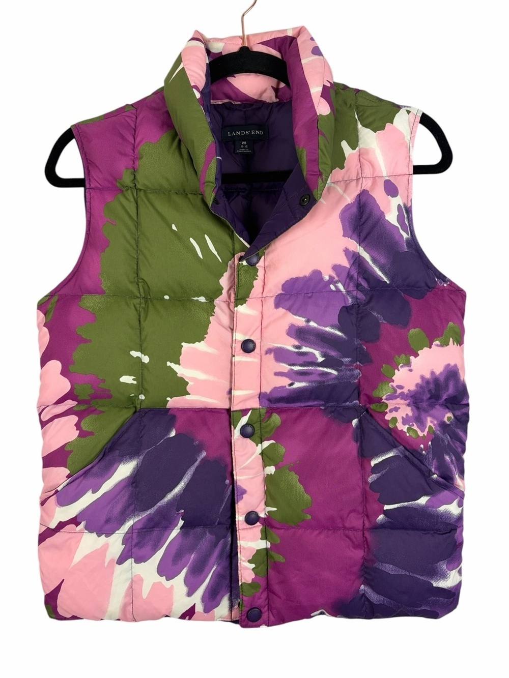 Lands’ End Floral Down Puffer Vest Medium Quilted Winter Fall Jacket